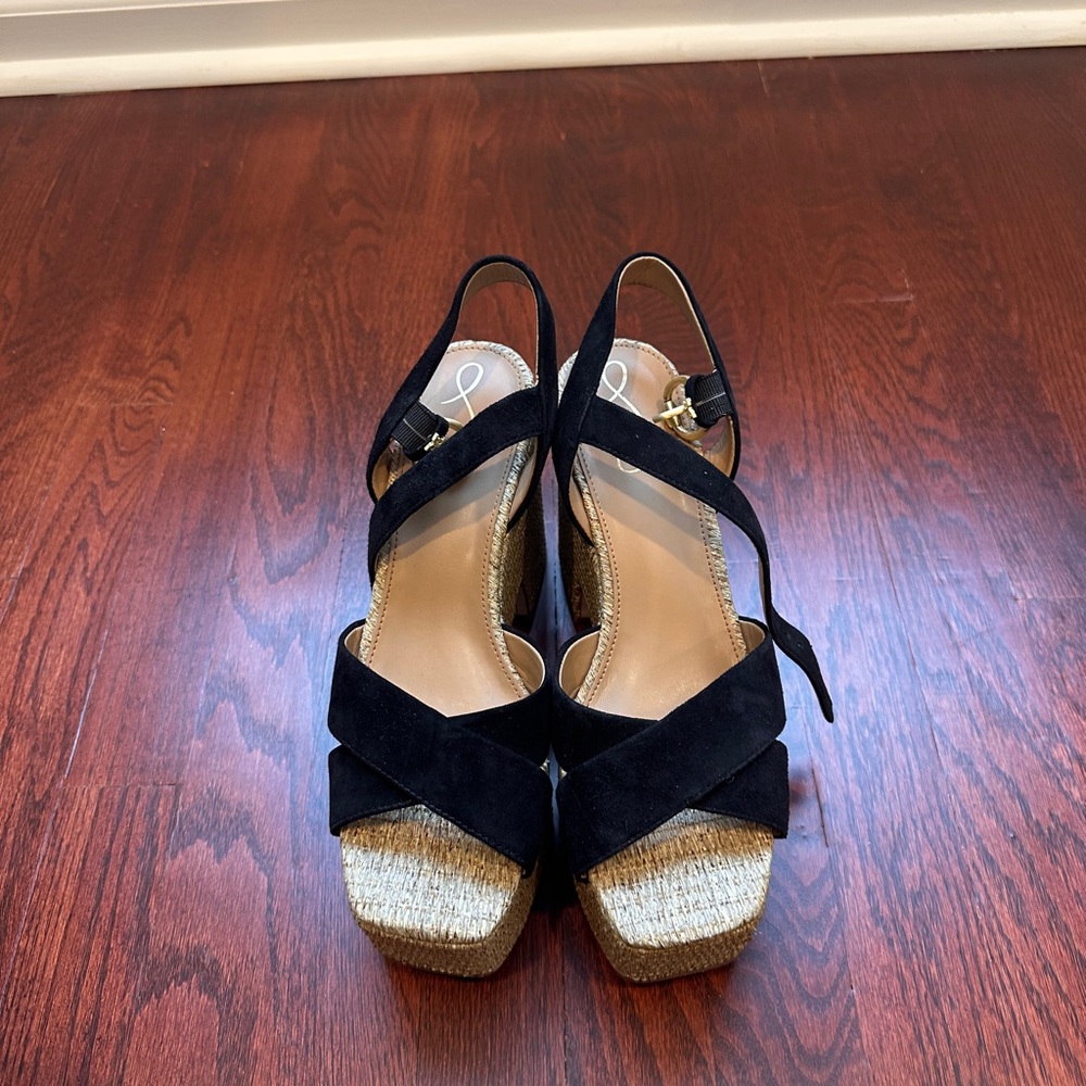 Sam Edelman Black and Tan Wedge Sandals